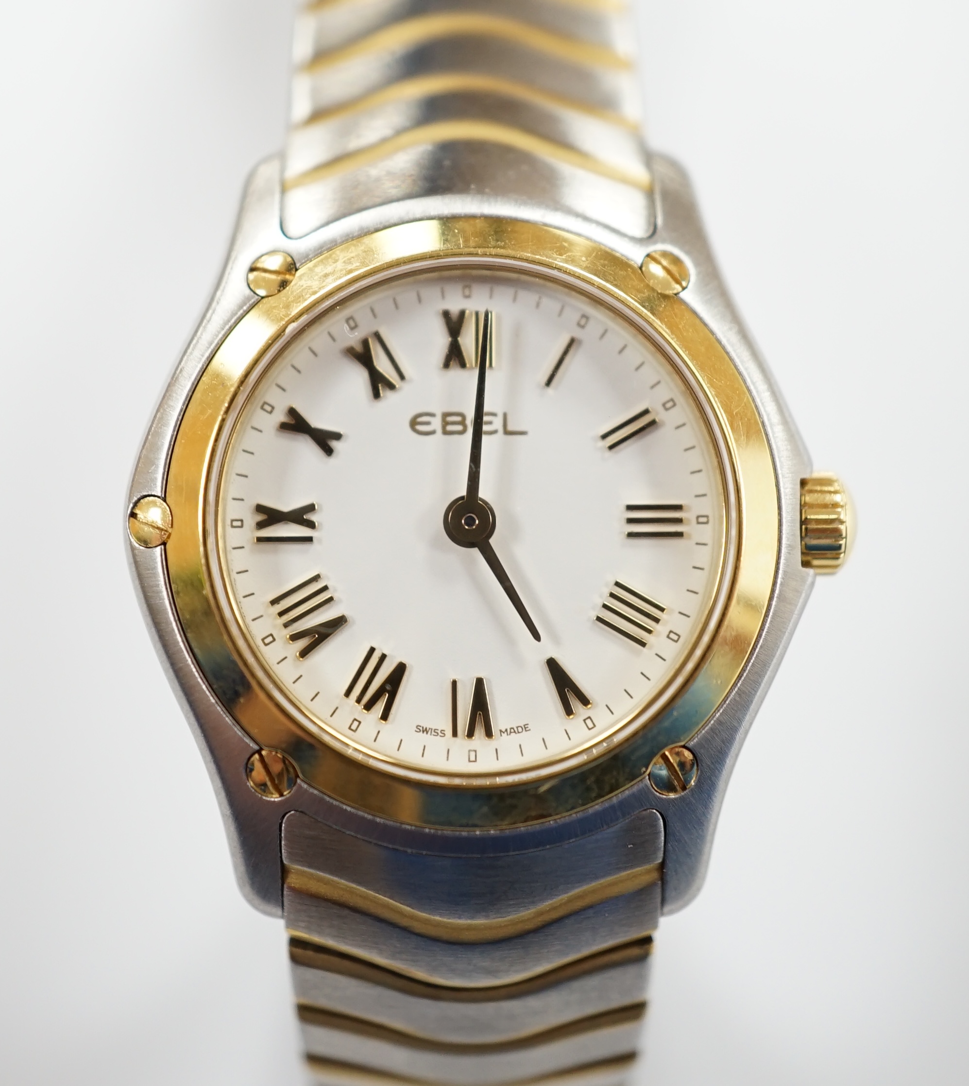 A lady's modern steel and gold plated Ebel Classic quartz wrist watch, with Roman dial.